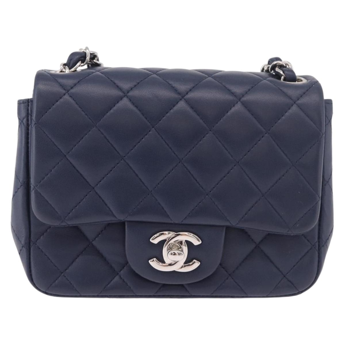 CHANEL Mini Matelasse 17 Chain Bag Lamb Skin Navy Silver CC Auth 187962SAM