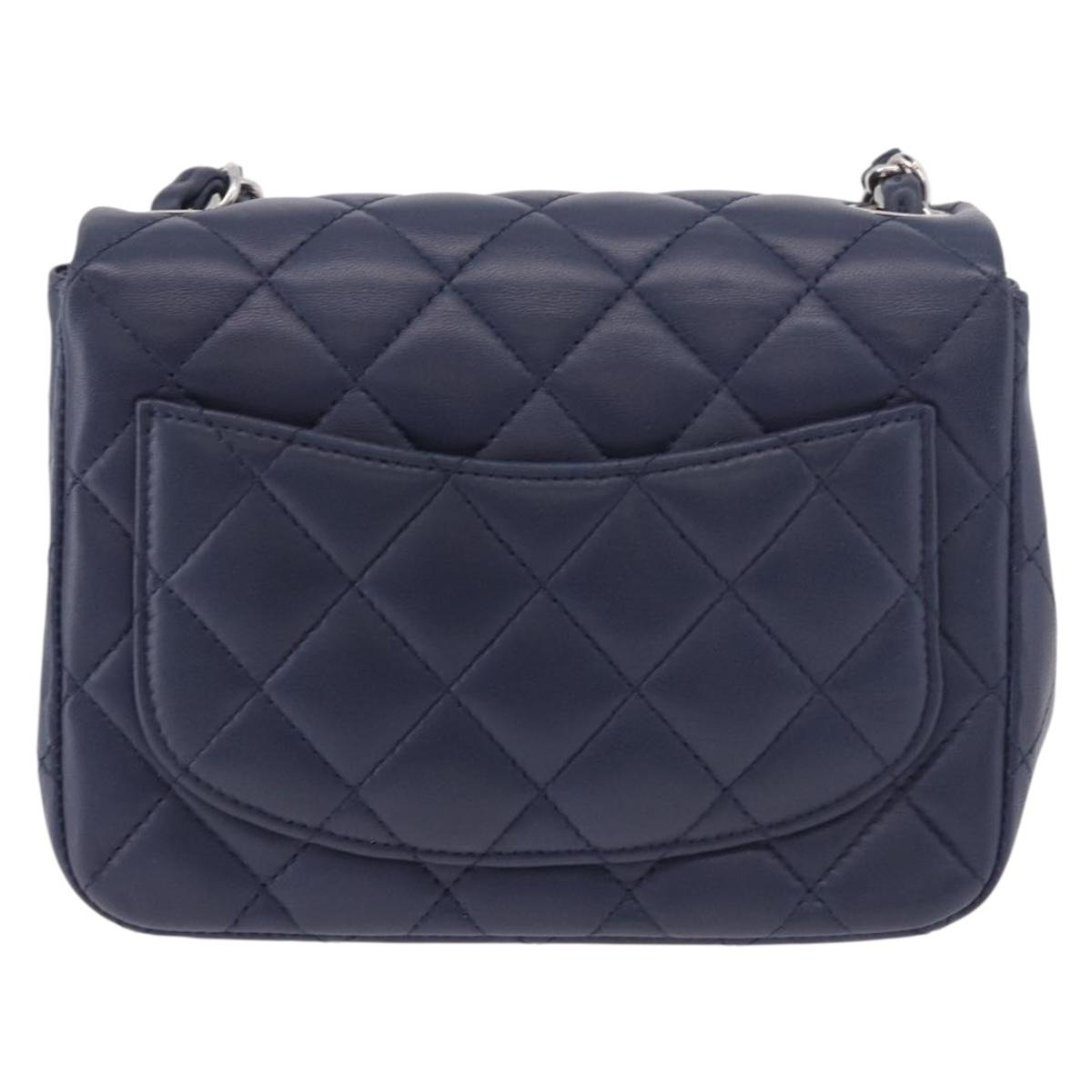 CHANEL Mini Matelasse 17 Chain Bag Lamb Skin Navy Silver CC Auth 187962SAM
