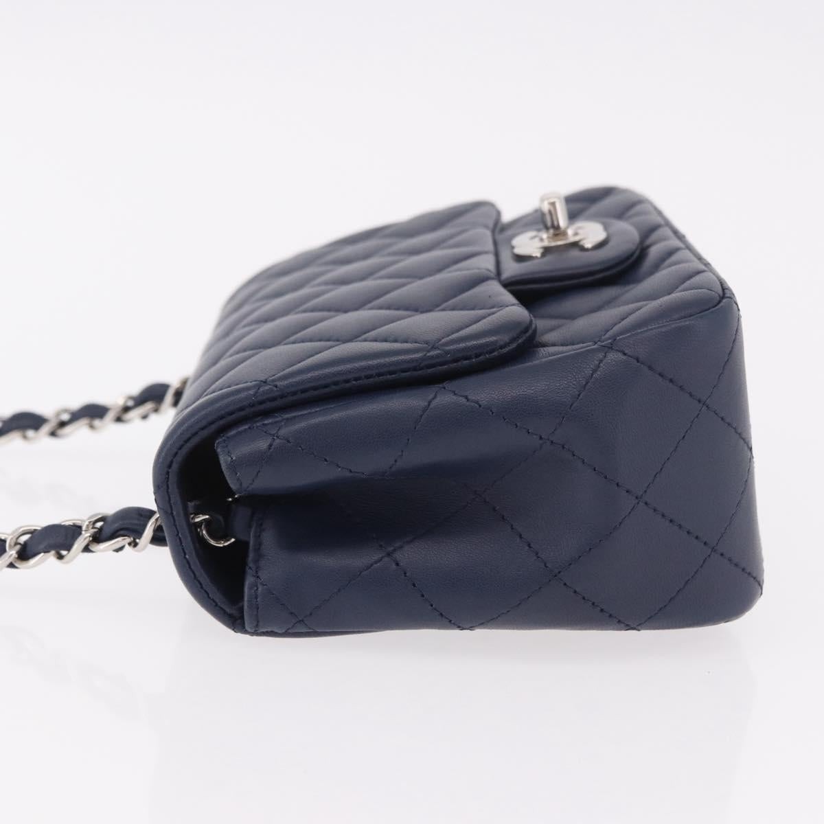 CHANEL Mini Matelasse 17 Chain Bag Lamb Skin Navy Silver CC Auth 187962SAM