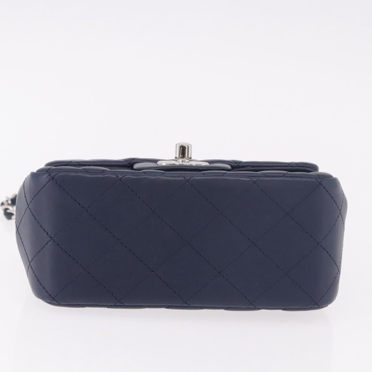 CHANEL Mini Matelasse 17 Chain Bag Lamb Skin Navy Silver CC Auth 187962SAM