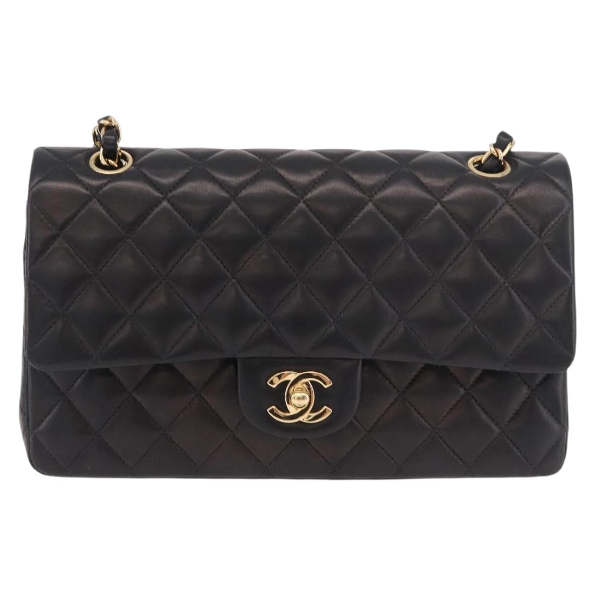 CHANEL Matelasse 25 Chain Shoulder Bag Lamb Skin Black Gold CC Auth 187967SM
