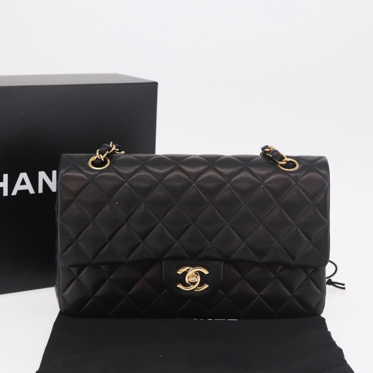 CHANEL Matelasse 25 Chain Shoulder Bag Lamb Skin Black Gold CC Auth 187967SM