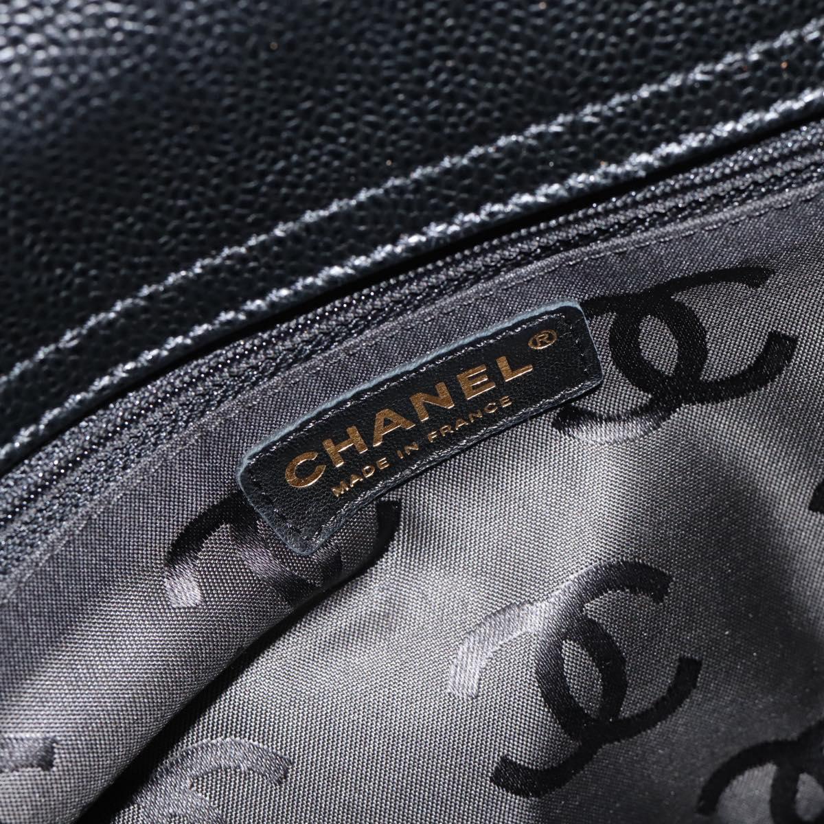 CHANEL Caviar Skin Tote Bag 2way Black Gold CC Auth 187977M