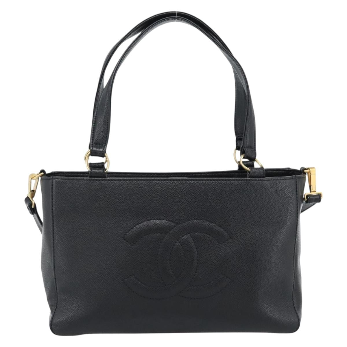 CHANEL Caviar Skin Tote Bag 2way Black Gold CC Auth 187977M
