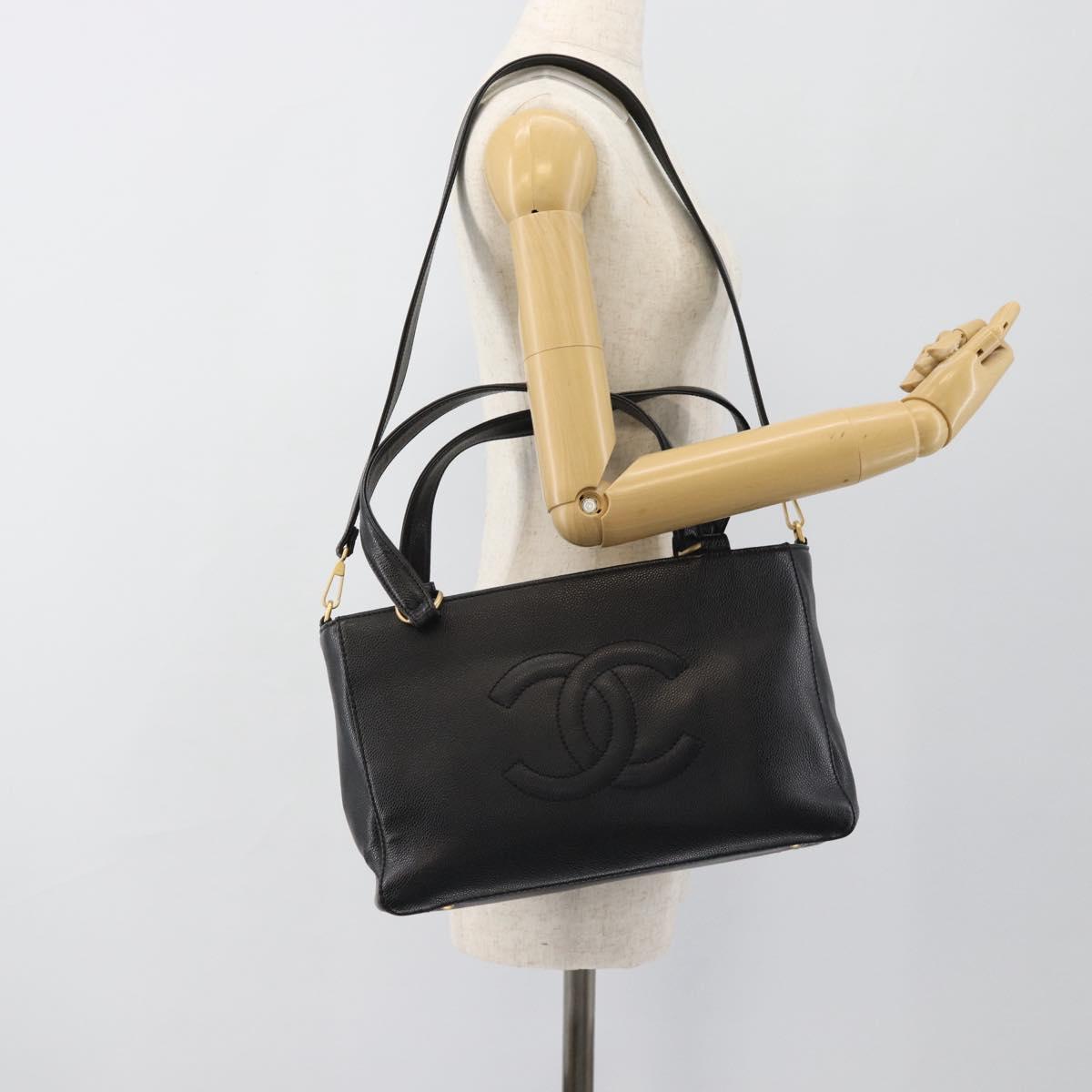 CHANEL Caviar Skin Tote Bag 2way Black Gold CC Auth 187977M