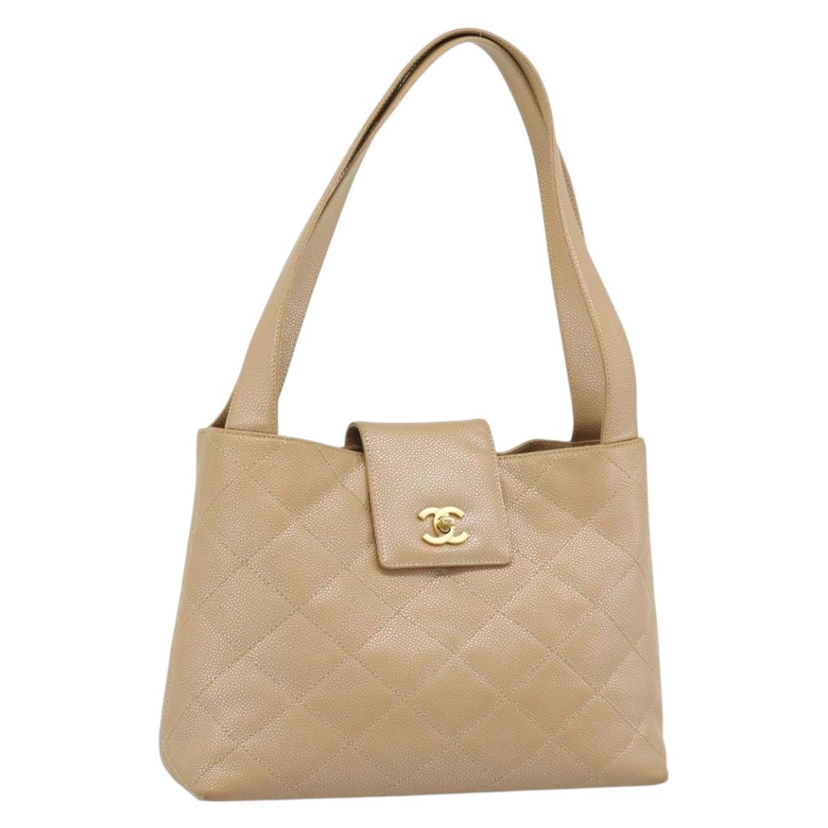 CHANEL Matelasse Caviar Skin Shoulder Bag Beige Gold CC Auth 187987M