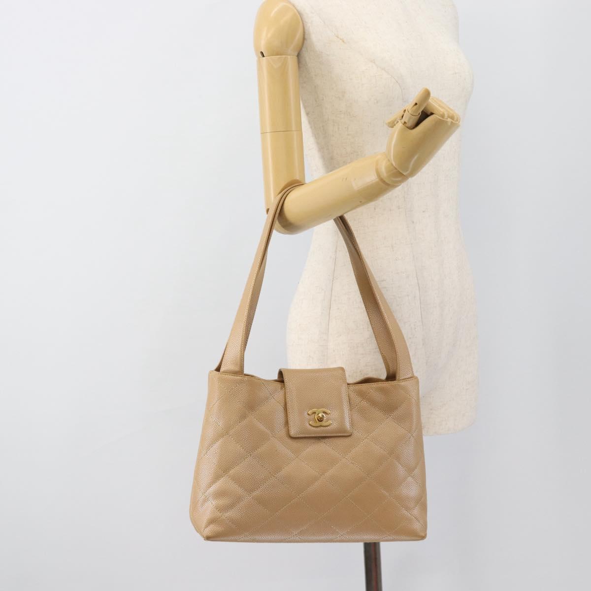 CHANEL Matelasse Caviar Skin Shoulder Bag Beige Gold CC Auth 187987M