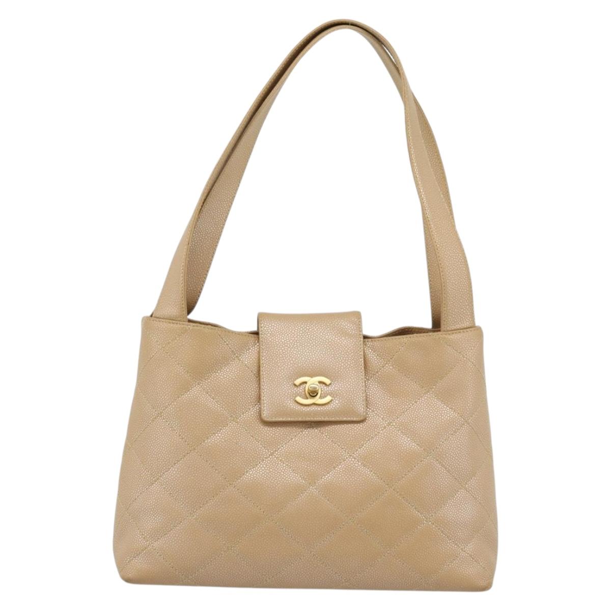 CHANEL Matelasse Caviar Skin Shoulder Bag Beige Gold CC Auth 187987M
