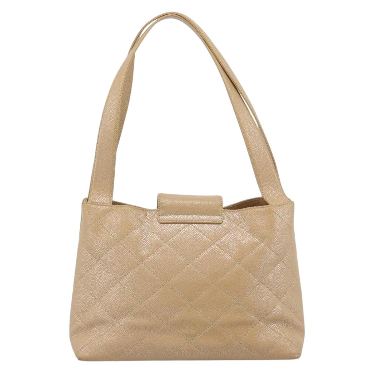 CHANEL Matelasse Caviar Skin Shoulder Bag Beige Gold CC Auth 187987M