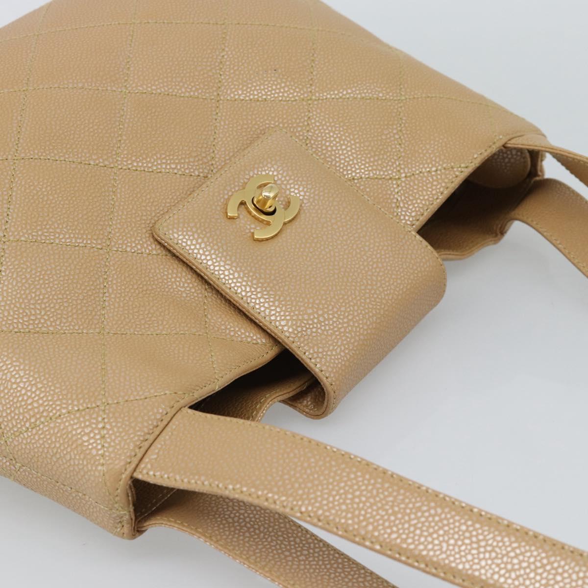 CHANEL Matelasse Caviar Skin Shoulder Bag Beige Gold CC Auth 187987M