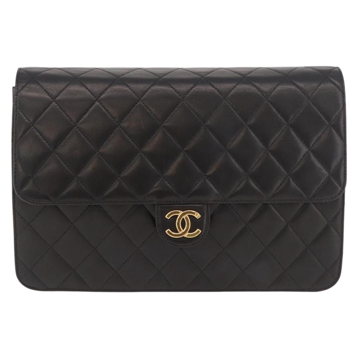 CHANEL Matelasse Lamb Skin Chain Shoulder Bag Black Gold CC Auth 187988M