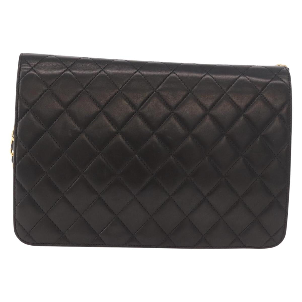 CHANEL Matelasse Lamb Skin Chain Shoulder Bag Black Gold CC Auth 187988M