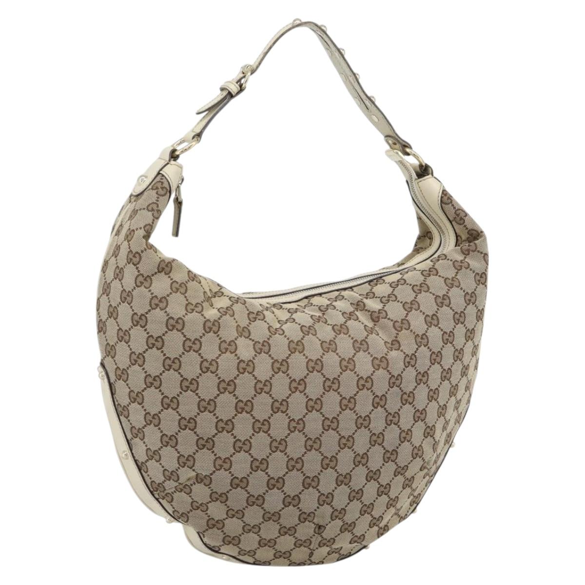 GUCCI GG Canvas Horsebit Shoulder Bag Beige Gold Auth 187999V