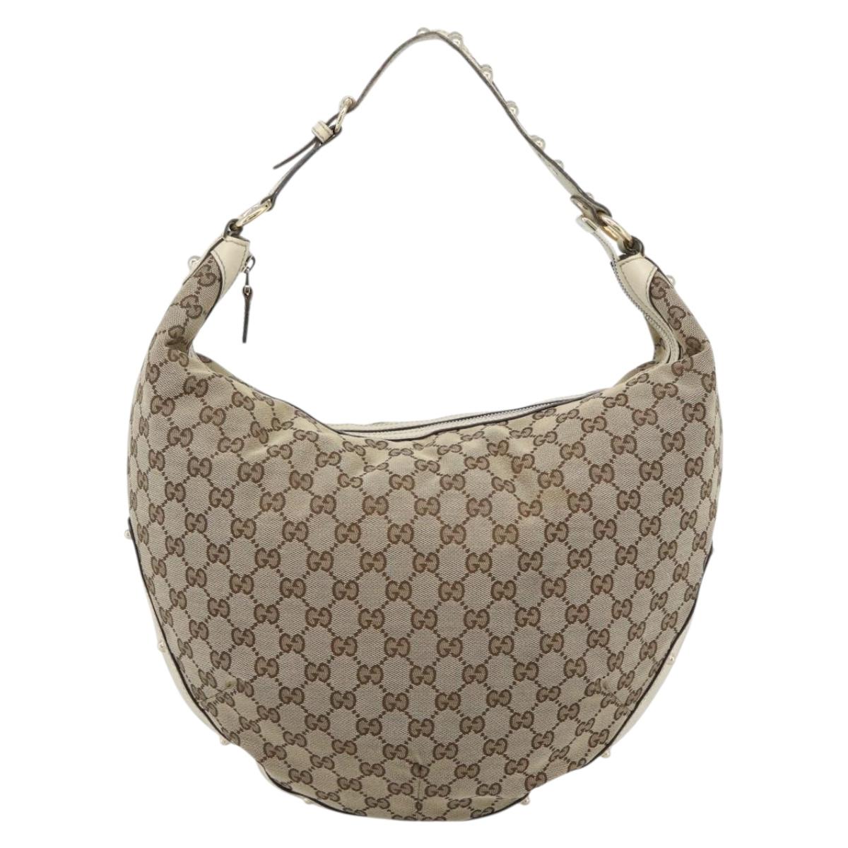 GUCCI GG Canvas Horsebit Shoulder Bag Beige Gold Auth 187999V