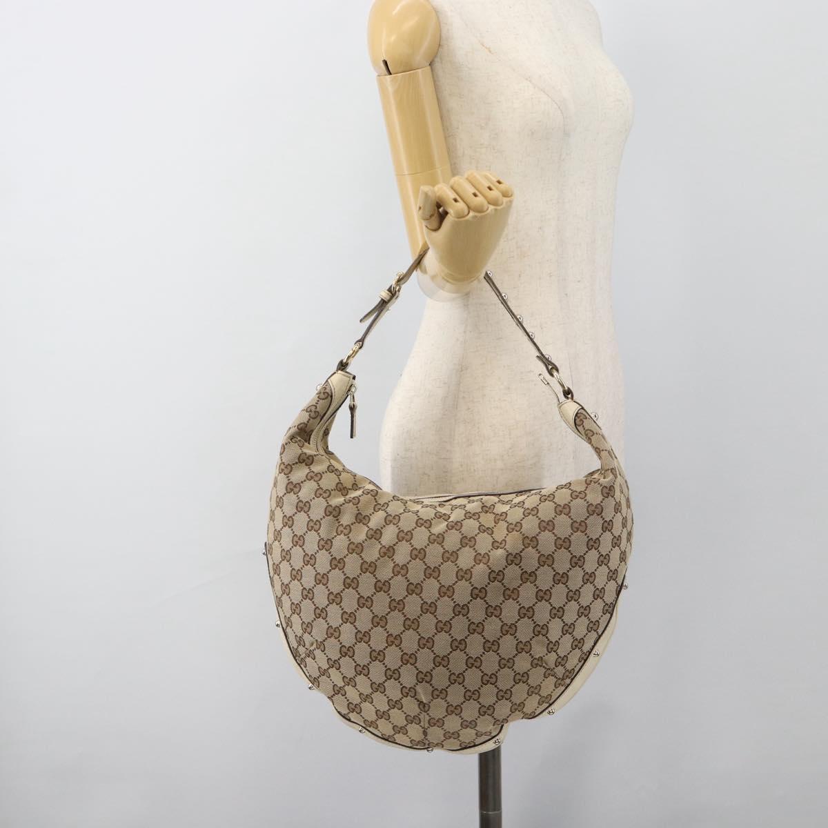 GUCCI GG Canvas Horsebit Shoulder Bag Beige Gold Auth 187999V