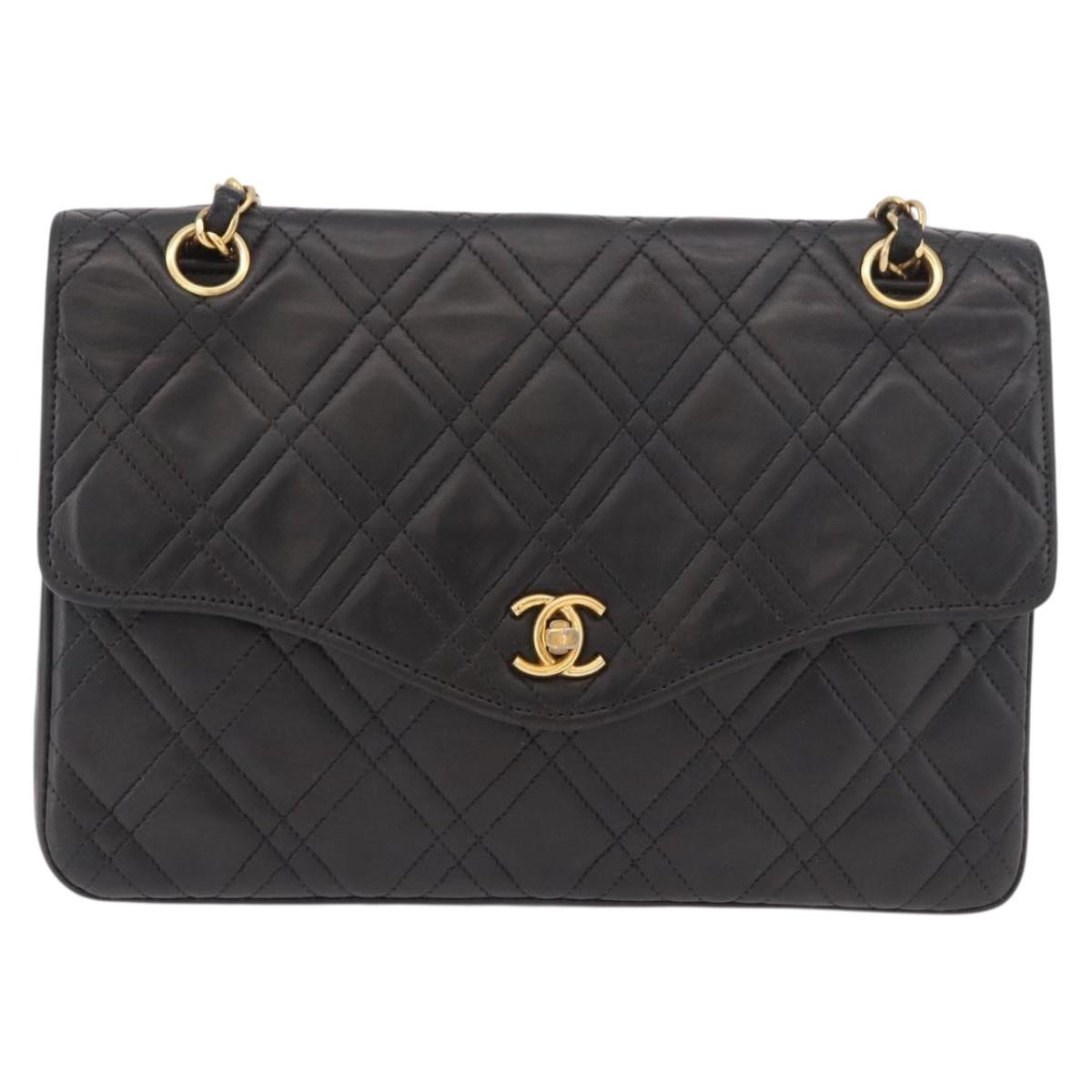 CHANEL Matelasse Chain Shoulder Bag Lamb Skin Black Gold CC Auth 188003A