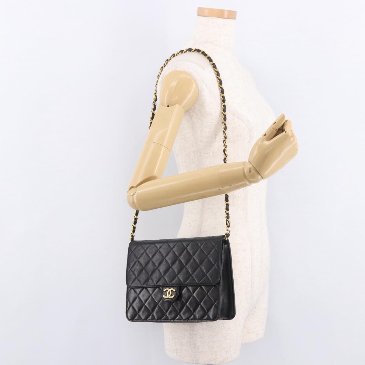 CHANEL Matelasse Chain Shoulder Bag Lamb Skin Black Gold CC Auth 188005