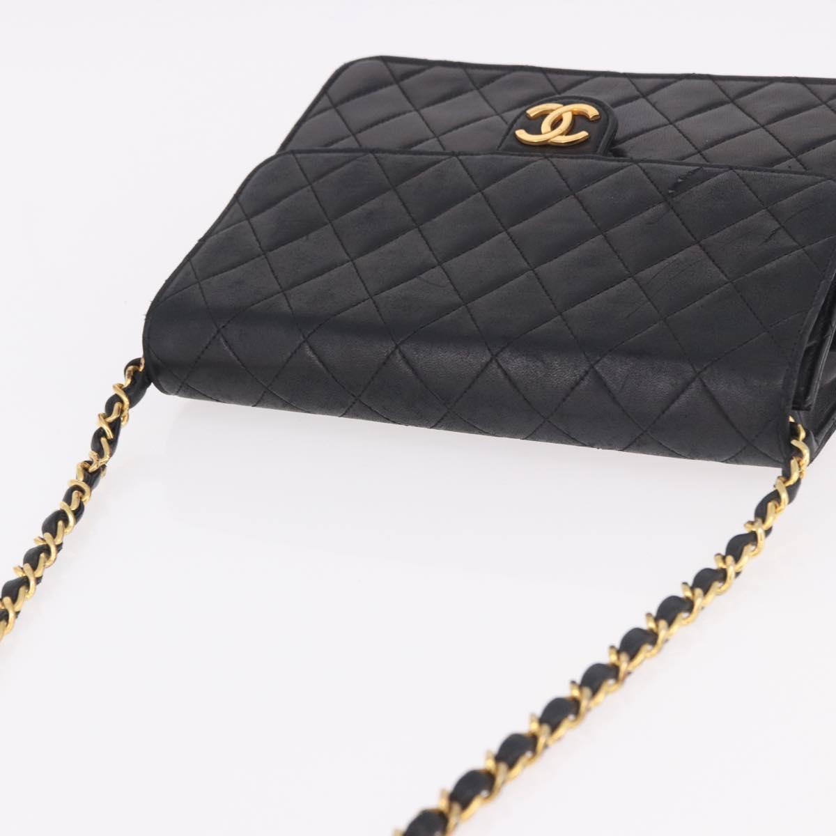 CHANEL Matelasse Chain Shoulder Bag Lamb Skin Black Gold CC Auth 188005
