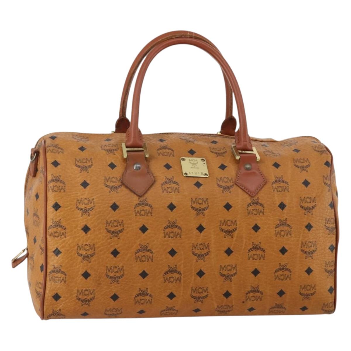MCM Vicetos Boston Bag Leather Brown Gold Auth 188009