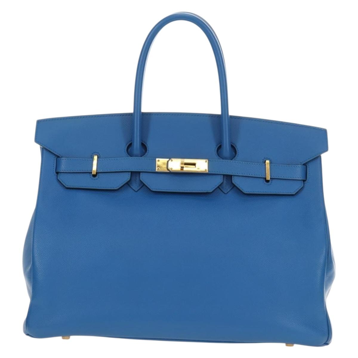 HERMES Birkin 35 Hand Bag Leather Blue Gold Auth 188015SM
