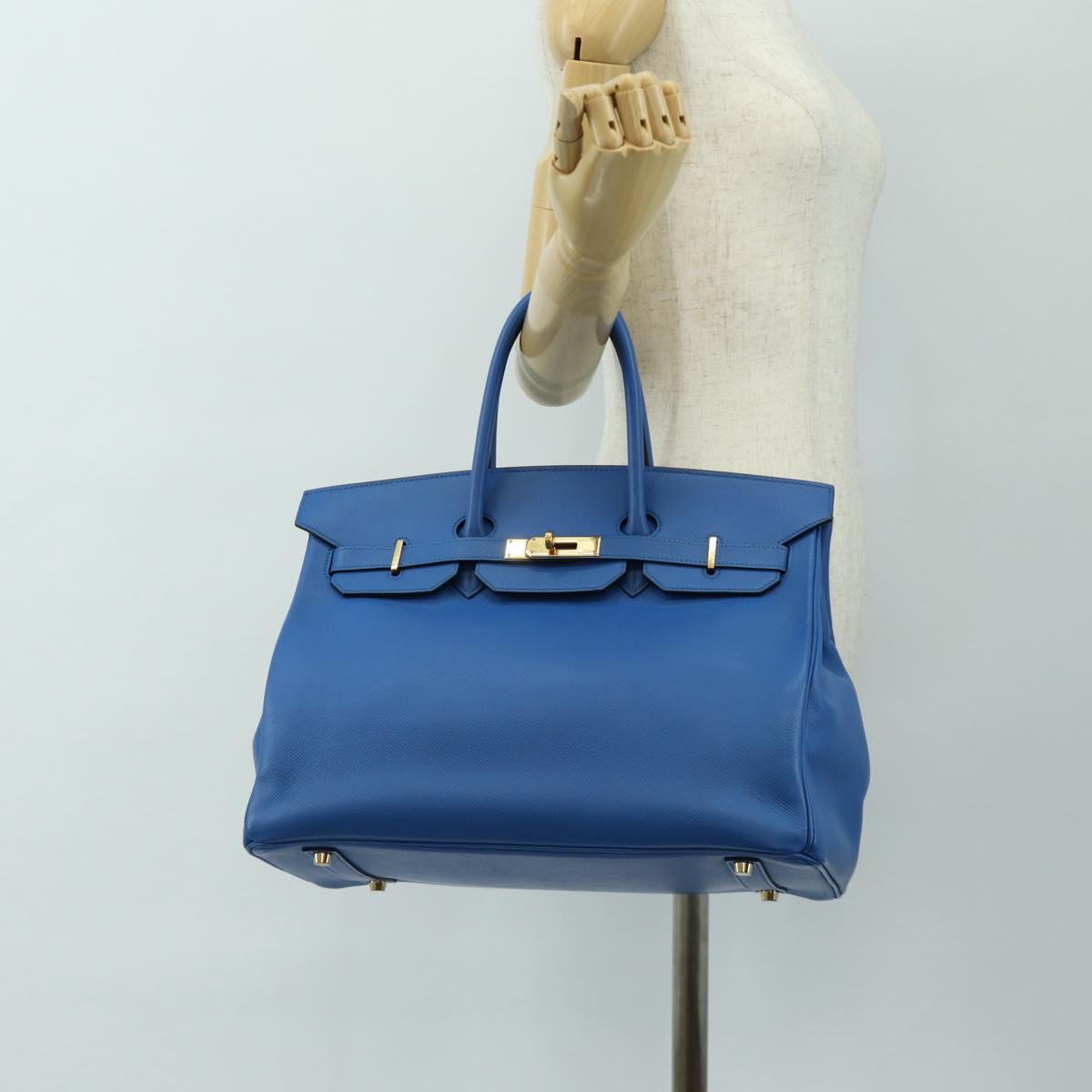 HERMES Birkin 35 Hand Bag Leather Blue Gold Auth 188015SM
