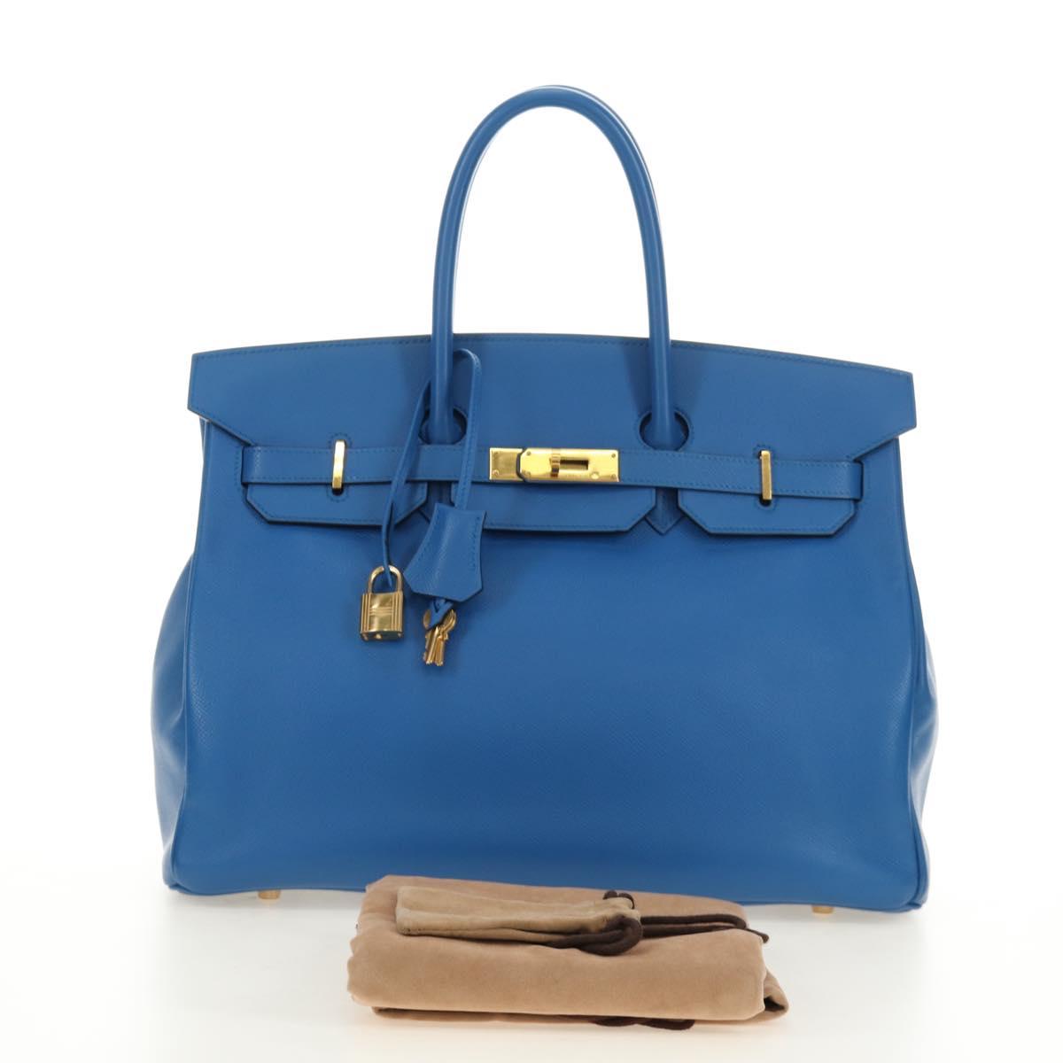 HERMES Birkin 35 Hand Bag Leather Blue Gold Auth 188015SM