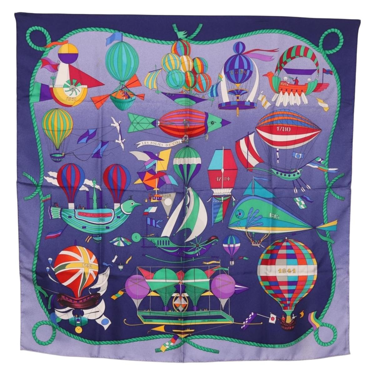 HERMES Carre90 Scarf Silk "LES FOLIES DU CIEL" Blue Auth 188021