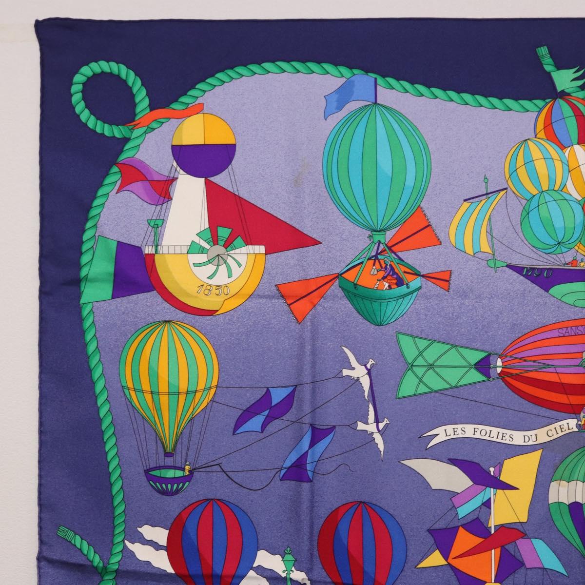 HERMES Carre90 Scarf Silk "LES FOLIES DU CIEL" Blue Auth 188021