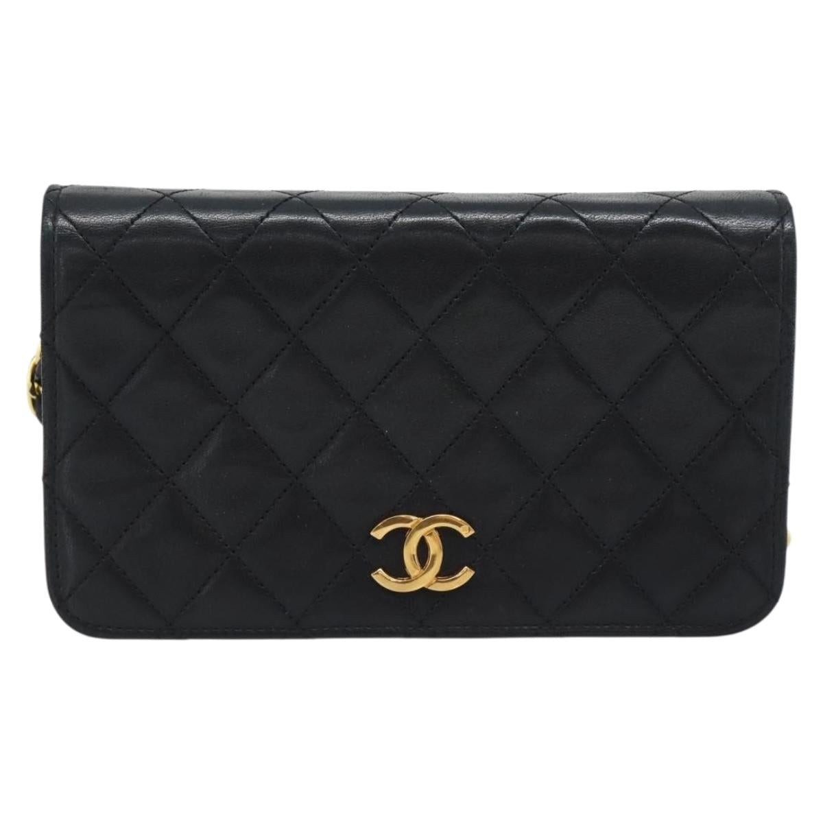 CHANEL Matelasse Chain Shoulder Bag Lamb Skin Black Gold CC Auth 188053