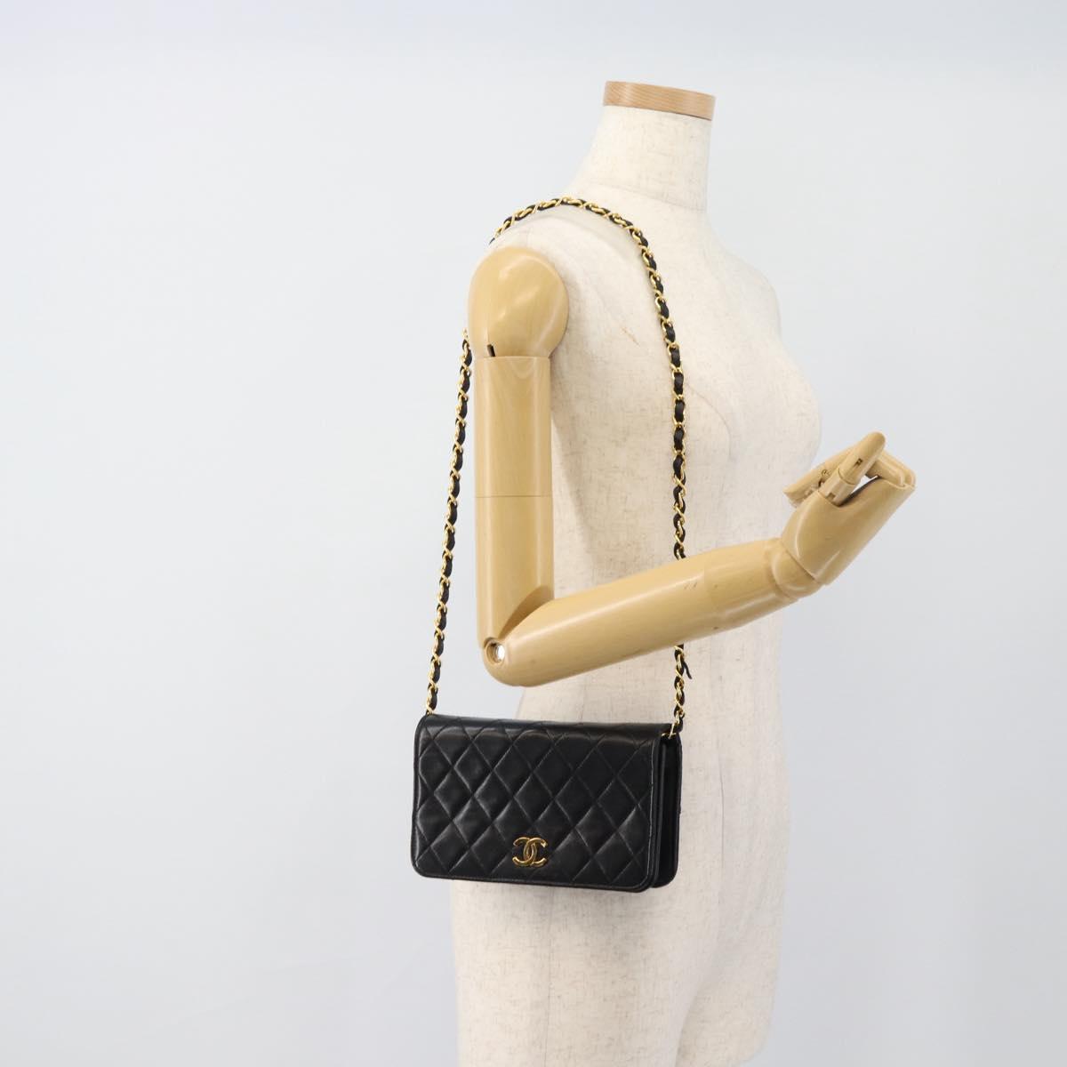 CHANEL Matelasse Chain Shoulder Bag Lamb Skin Black Gold CC Auth 188053