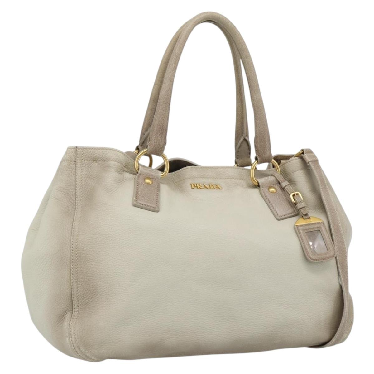 PRADA Tote Bag Leather 2way Beige Auth 188056