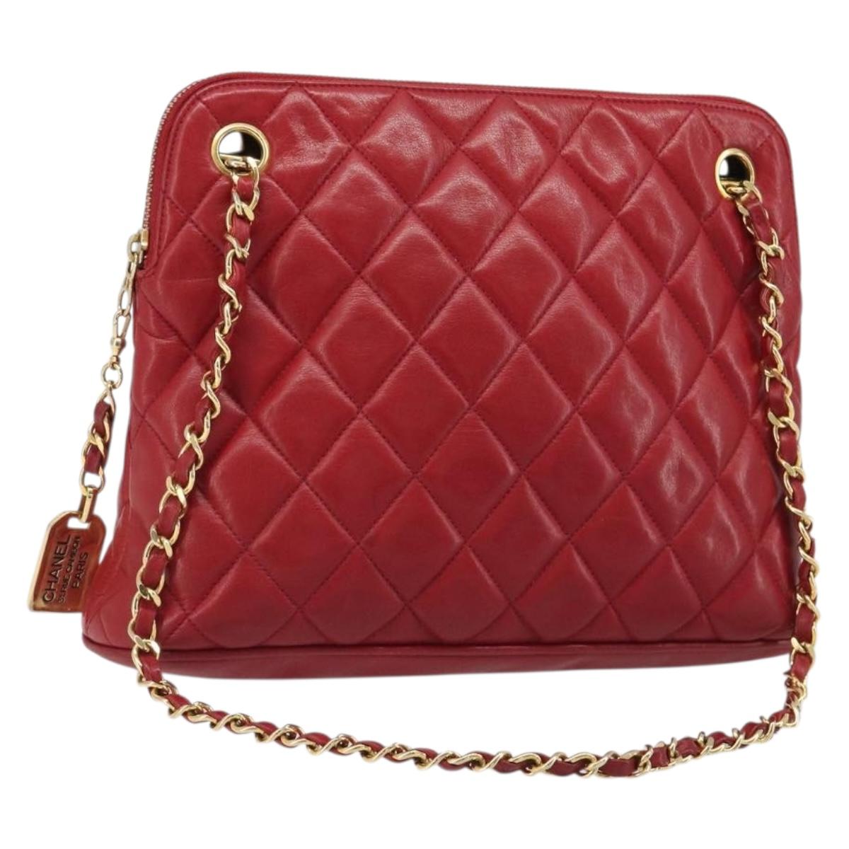 CHANEL Chain Matelasse Shoulder Bag Lamb Skin Red CC Auth 188061