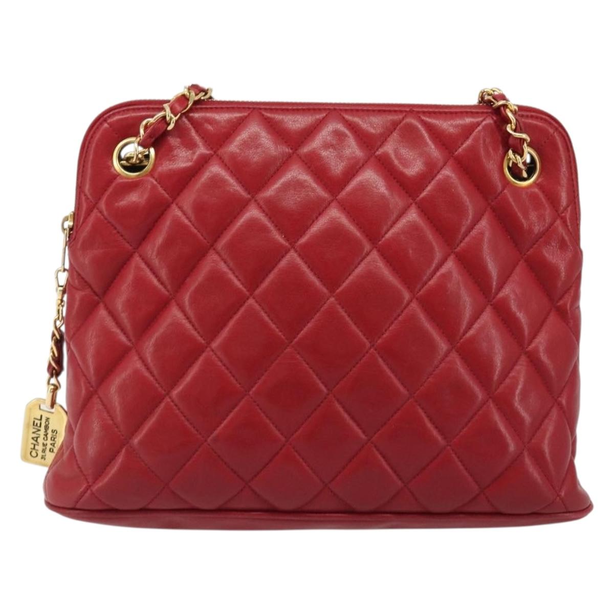 CHANEL Chain Matelasse Shoulder Bag Lamb Skin Red CC Auth 188061