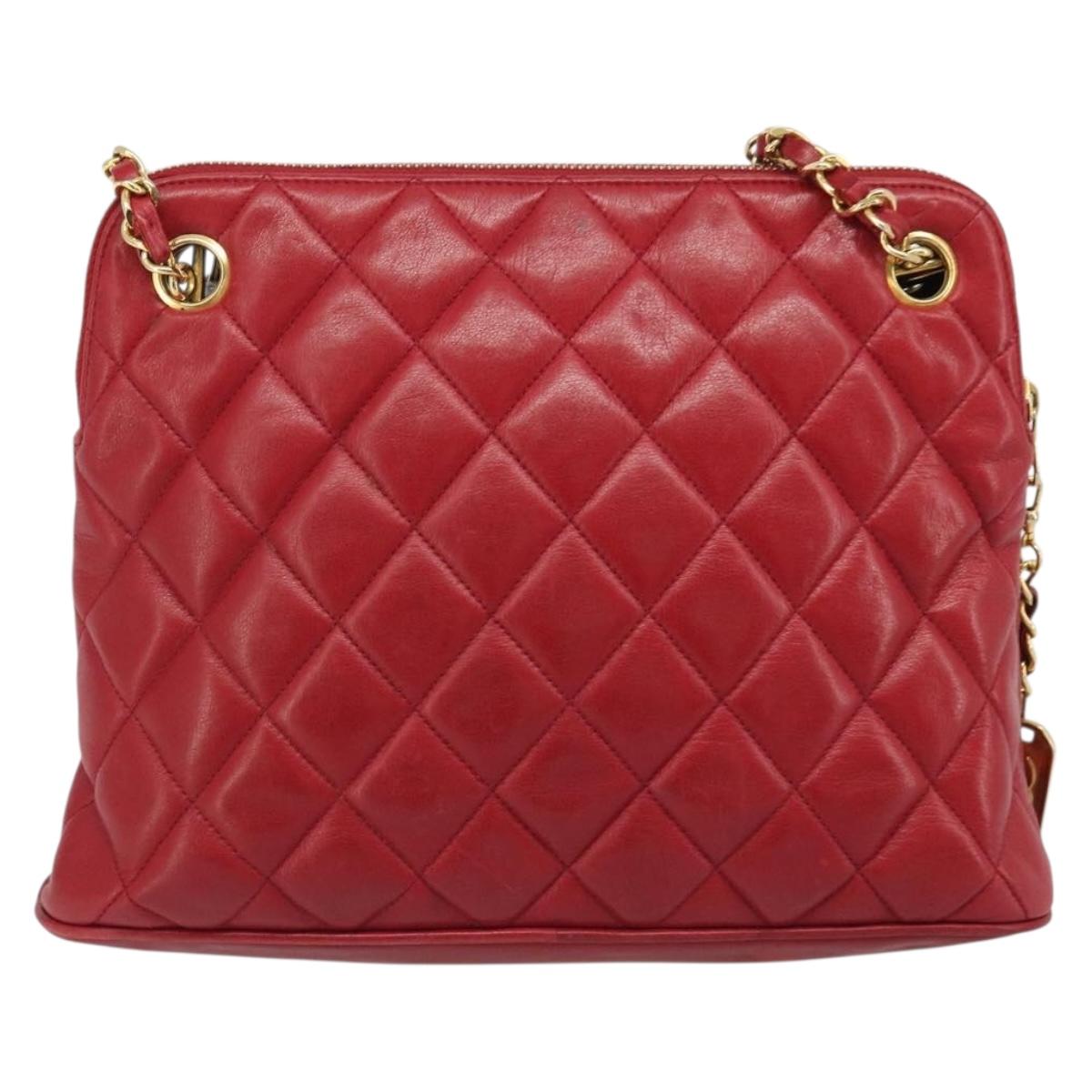 CHANEL Chain Matelasse Shoulder Bag Lamb Skin Red CC Auth 188061