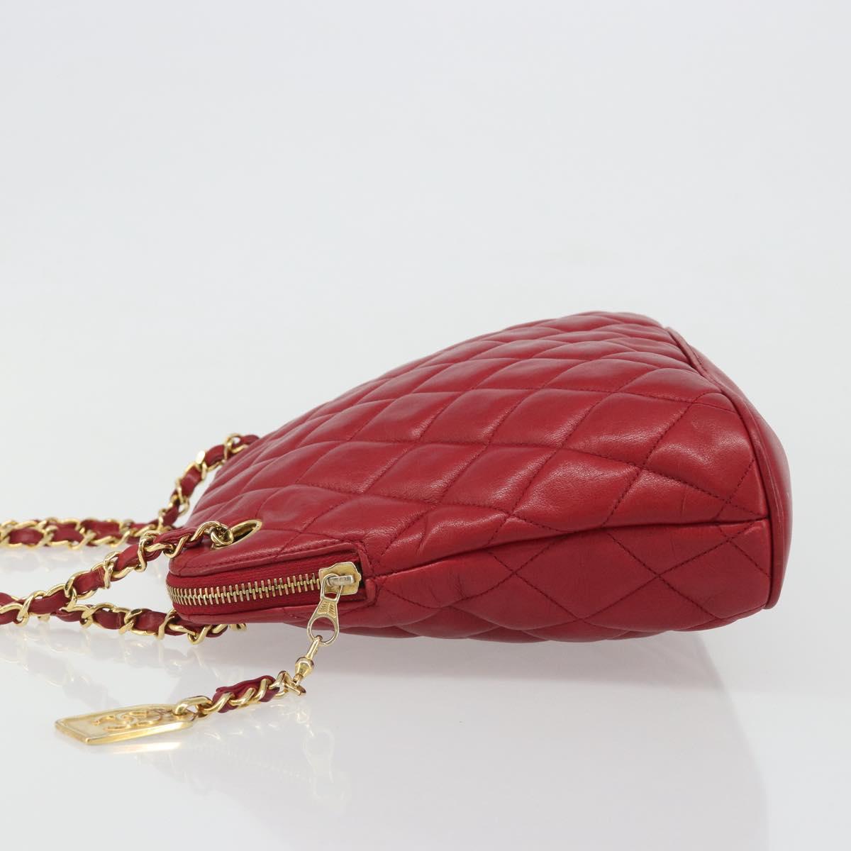 CHANEL Chain Matelasse Shoulder Bag Lamb Skin Red CC Auth 188061