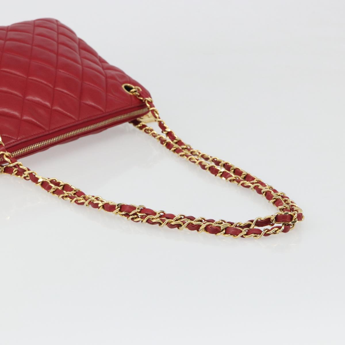 CHANEL Chain Matelasse Shoulder Bag Lamb Skin Red CC Auth 188061