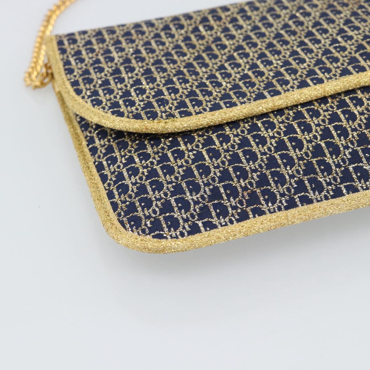 Christian Dior Trotter Canvas Chain Shoulder Bag Navy Gold Auth 188088A