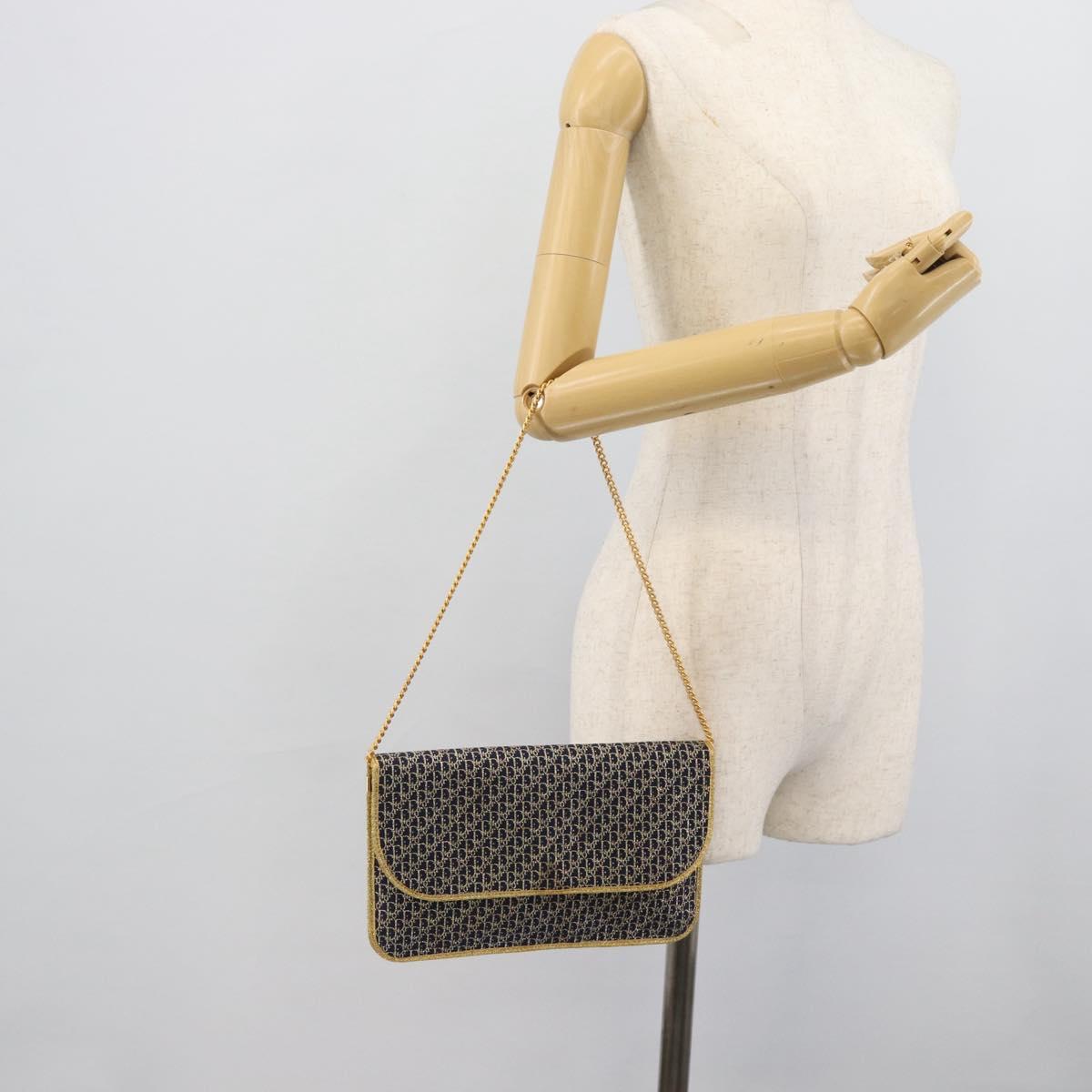 Christian Dior Trotter Canvas Chain Shoulder Bag Navy Gold Auth 188088A
