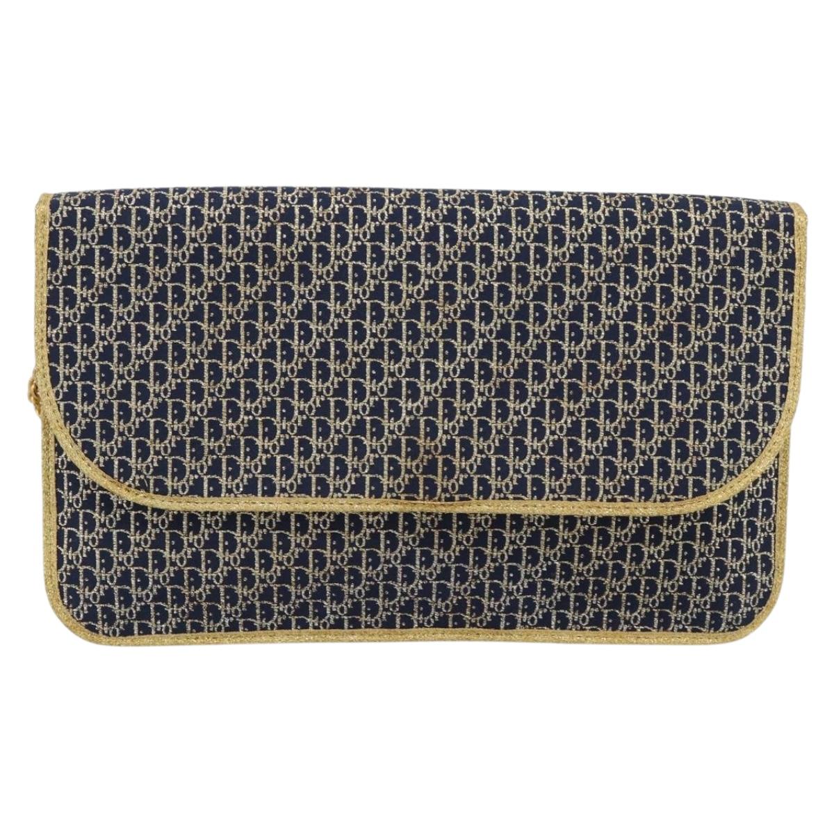 Christian Dior Trotter Canvas Chain Shoulder Bag Navy Gold Auth 188088A