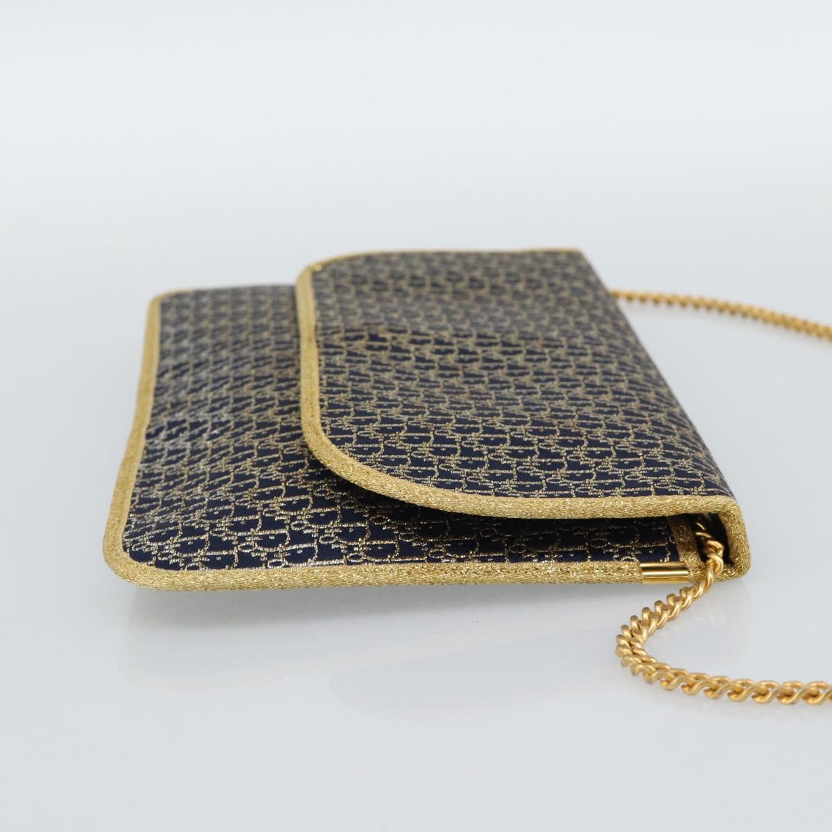 Christian Dior Trotter Canvas Chain Shoulder Bag Navy Gold Auth 188088A