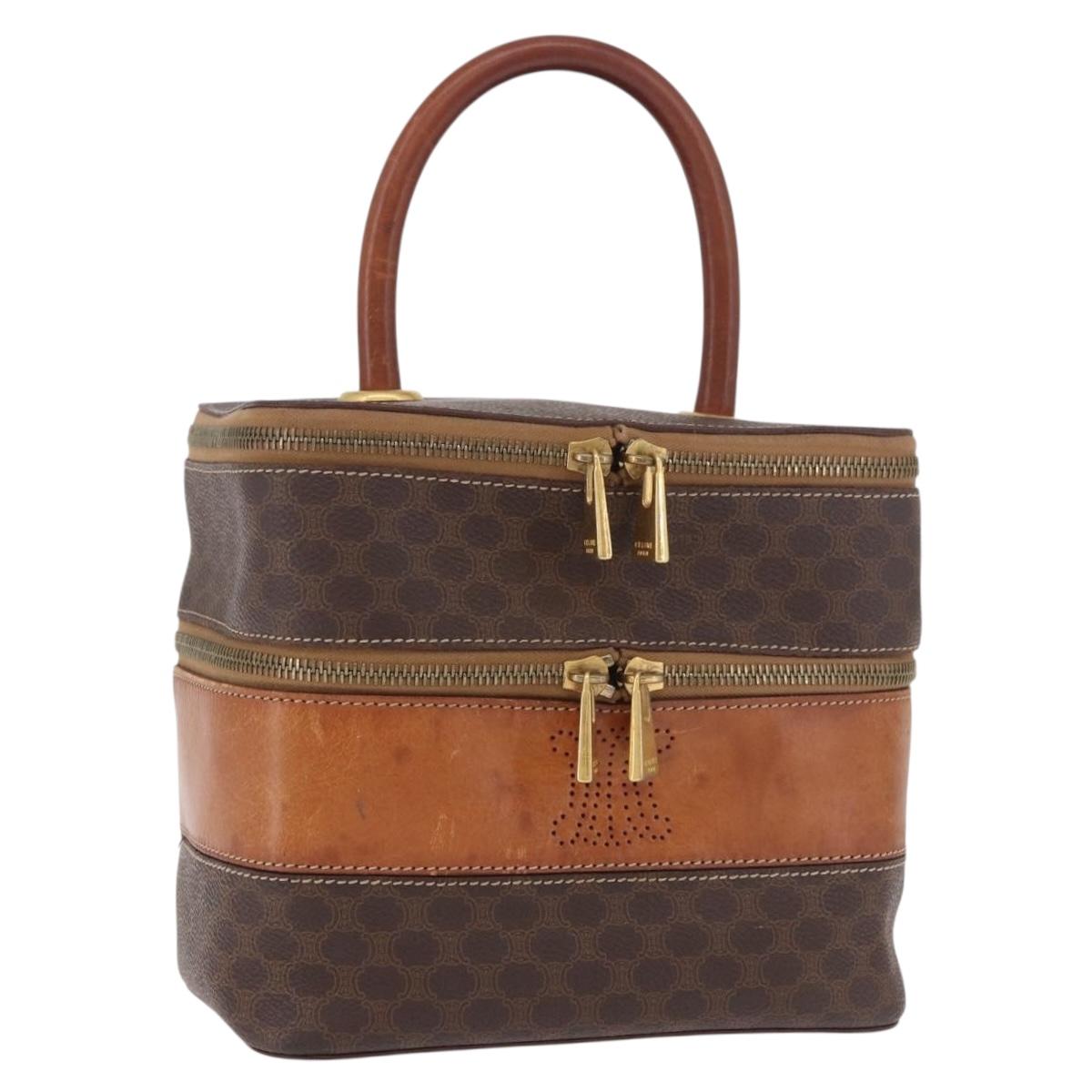 CELINE Macadam Canvas Hand Vanity Pouch PVC Leather Brown Gold Auth 188099