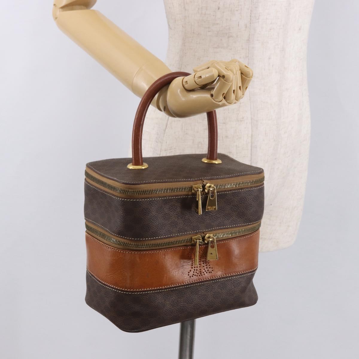 CELINE Macadam Canvas Hand Vanity Pouch PVC Leather Brown Gold Auth 188099