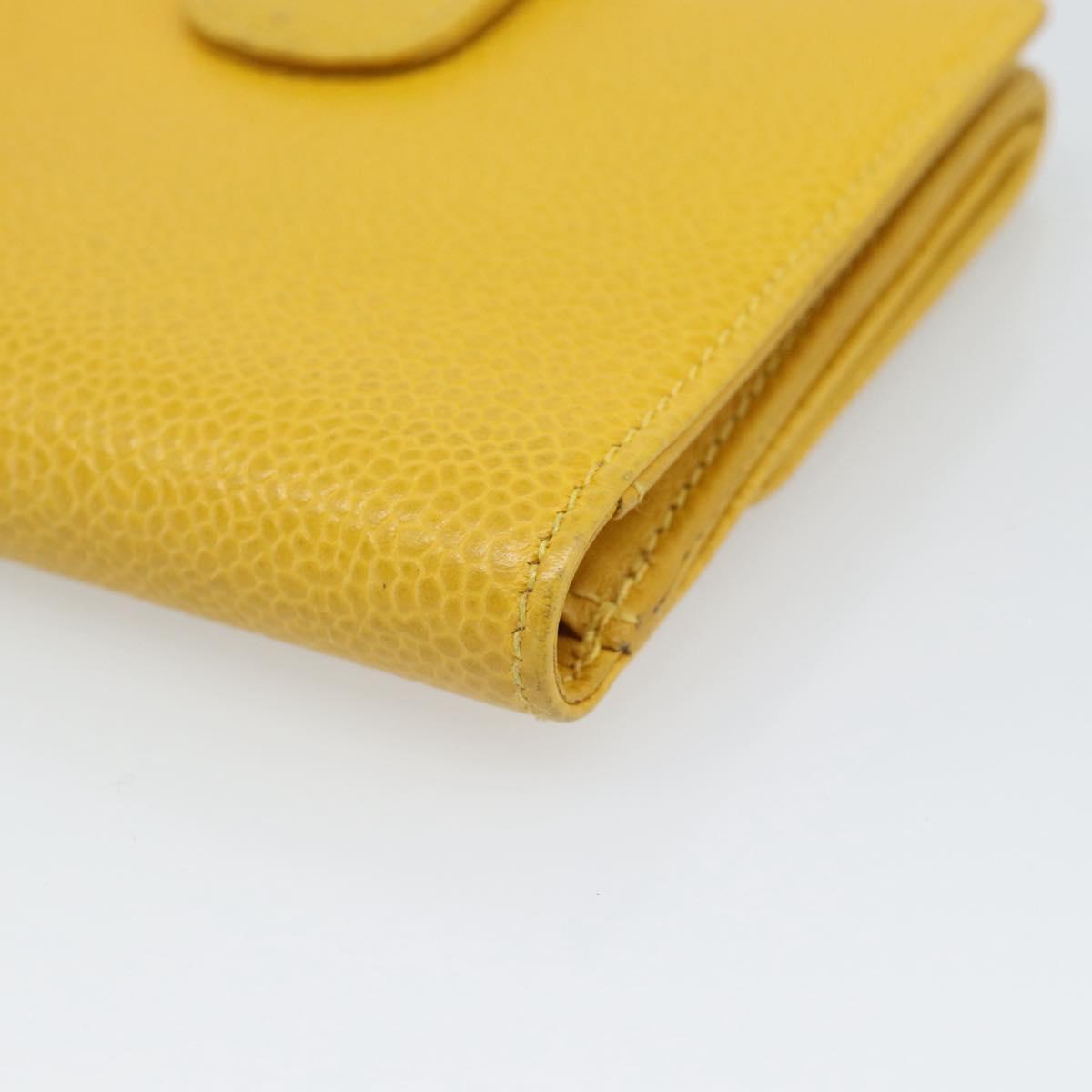 CHANEL COCO Mark Bifold Wallet Caviar Skin Yellow CC Auth 188105M