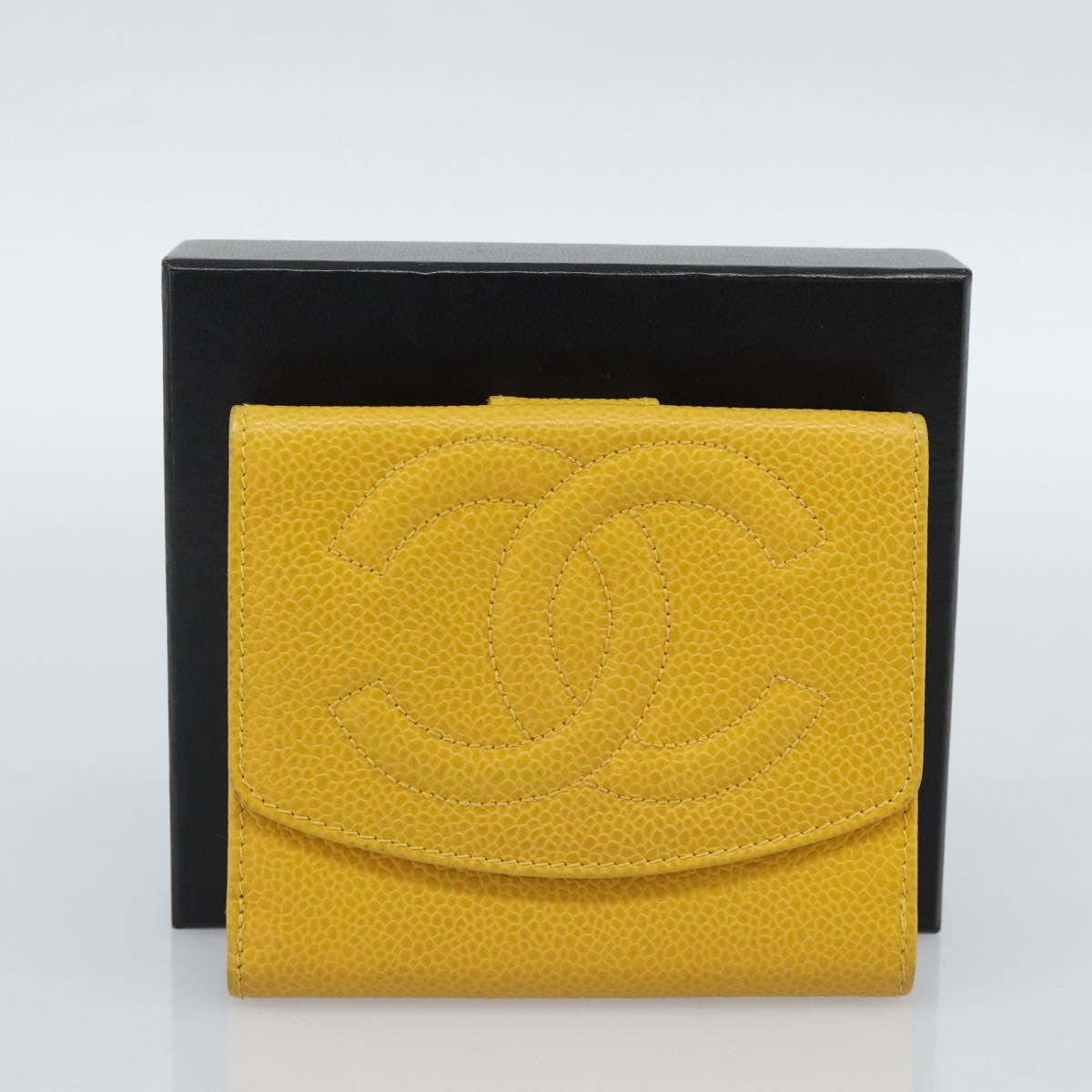 CHANEL COCO Mark Bifold Wallet Caviar Skin Yellow CC Auth 188105M