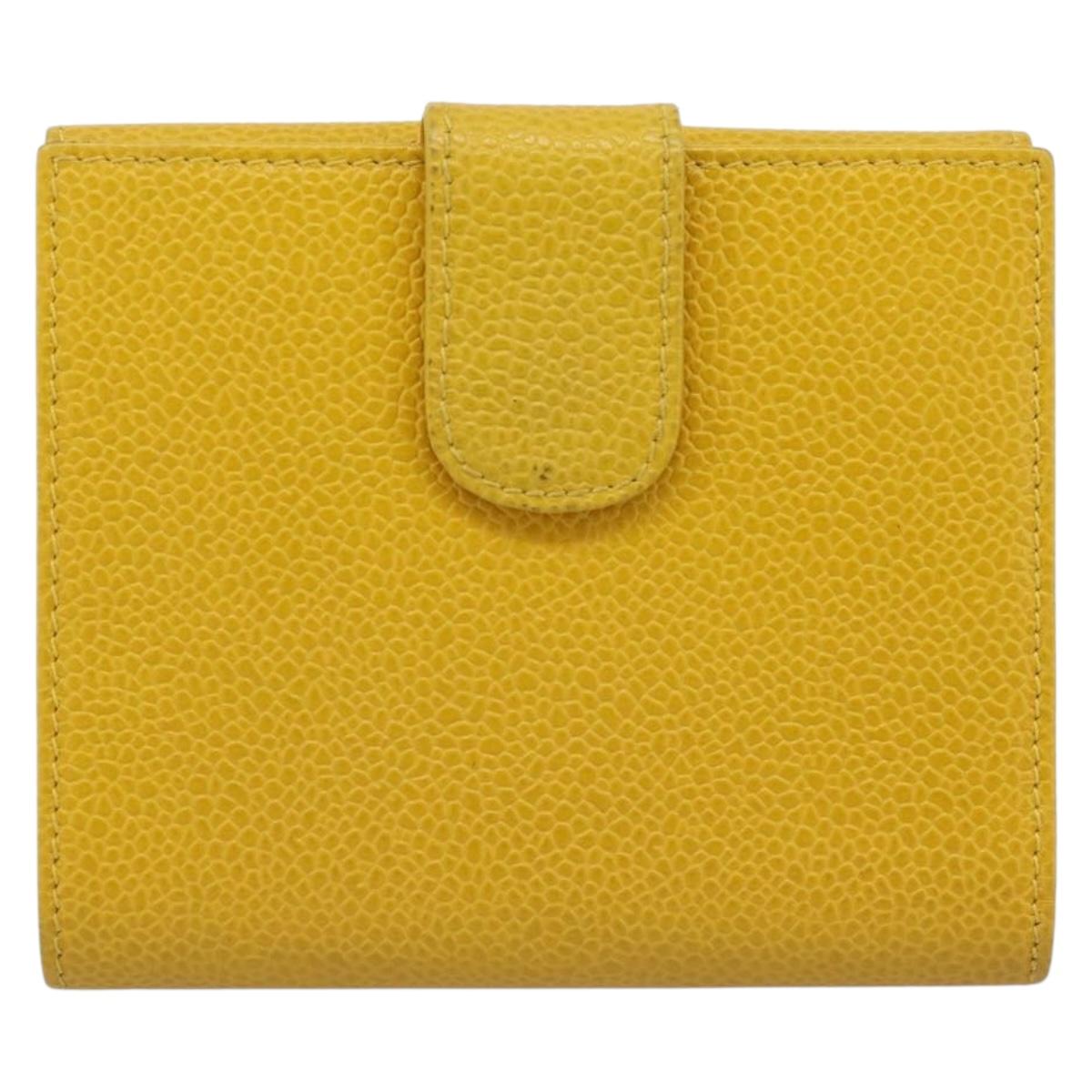 CHANEL COCO Mark Bifold Wallet Caviar Skin Yellow CC Auth 188105M