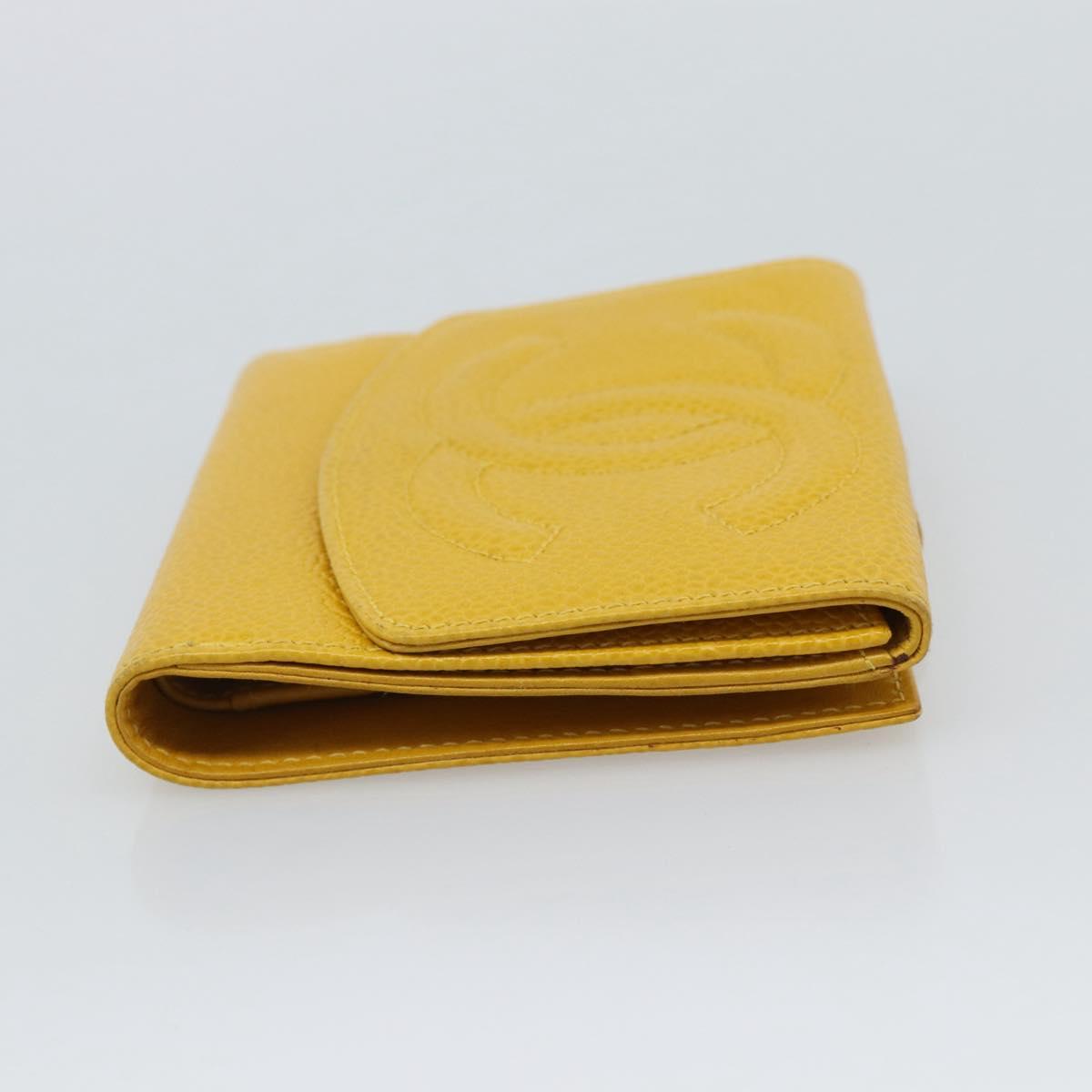 CHANEL COCO Mark Bifold Wallet Caviar Skin Yellow CC Auth 188105M