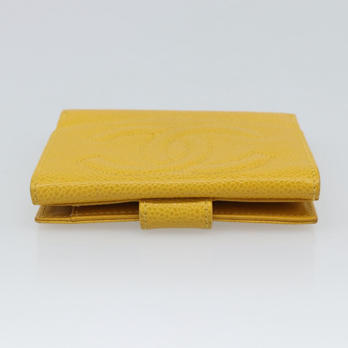 CHANEL COCO Mark Bifold Wallet Caviar Skin Yellow CC Auth 188105M