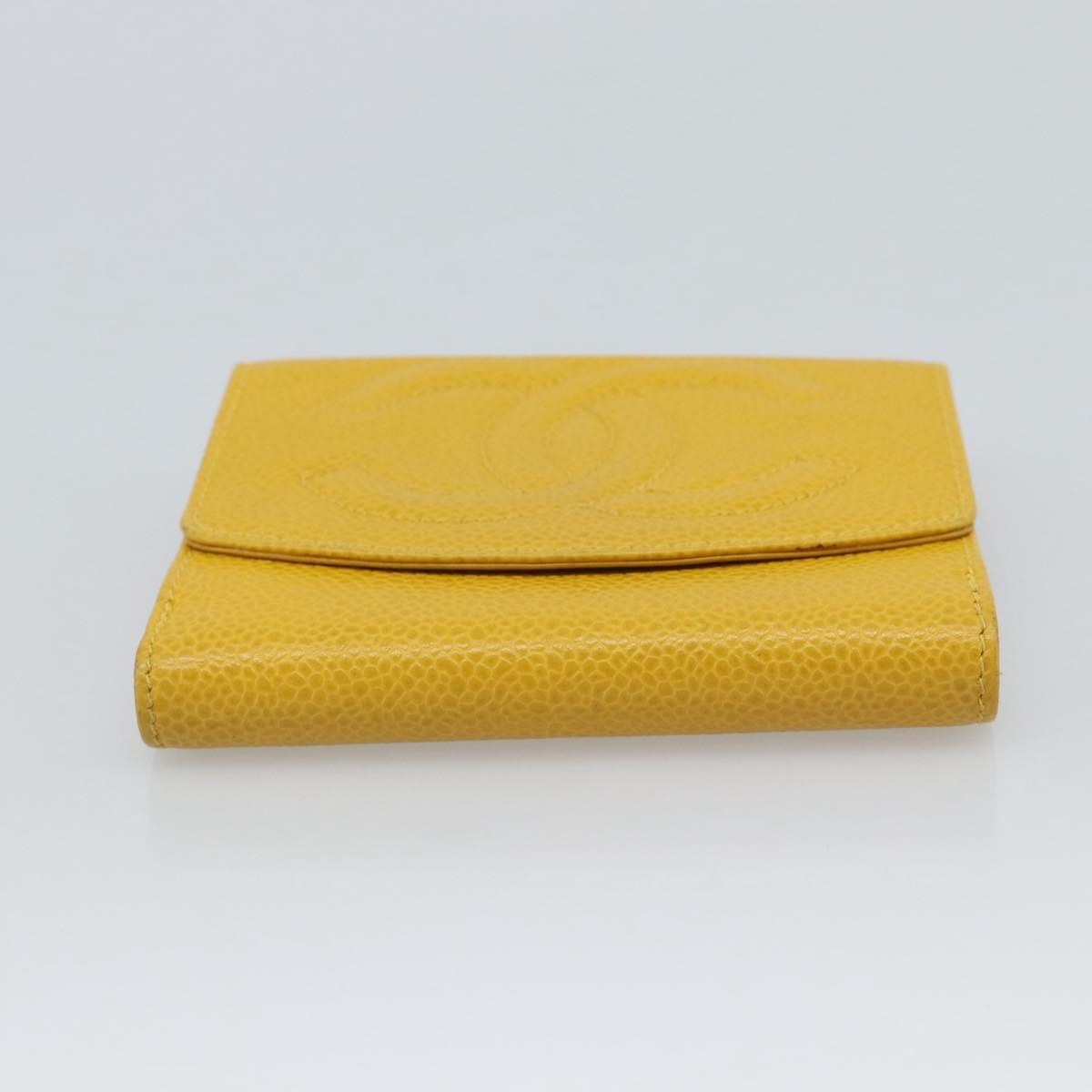 CHANEL COCO Mark Bifold Wallet Caviar Skin Yellow CC Auth 188105M