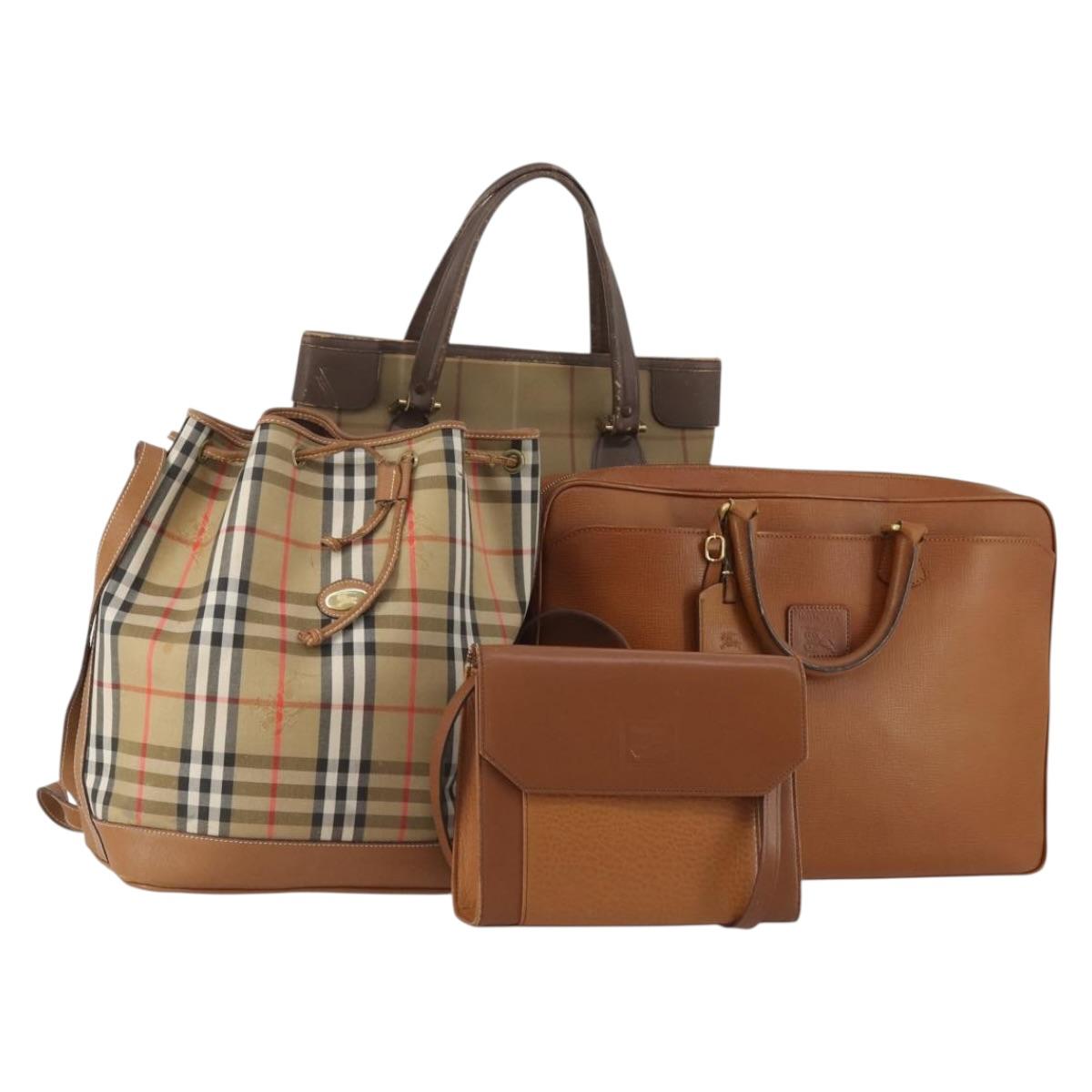 Burberrys Hand Bag Leather Canvas 4 Set Brown Beige Auth 188107