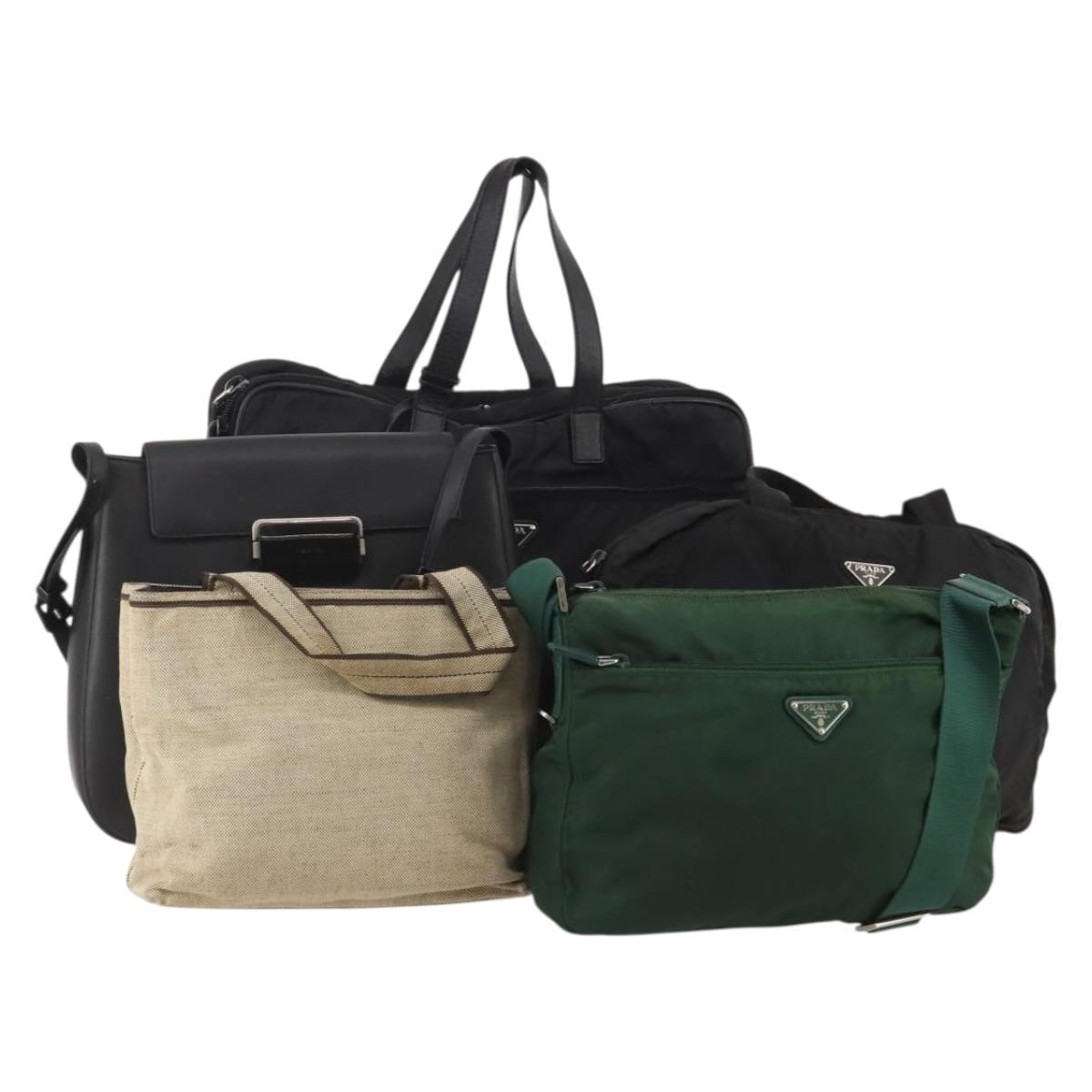 PRADA PRADA Hand Bag Nylon Leather Canvas 5 Set Black Green beige Auth 188110